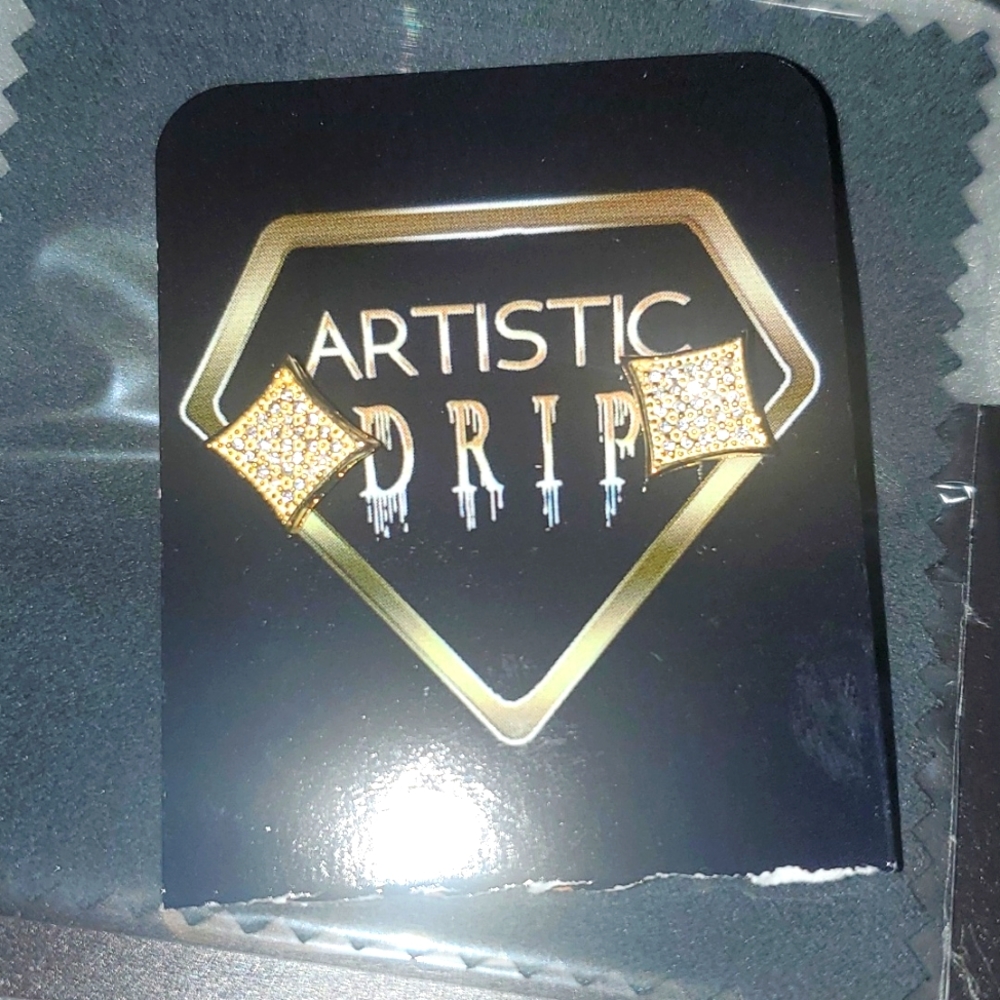 Mens Square Pave CZ Kite Stud Earrings Gold Plated